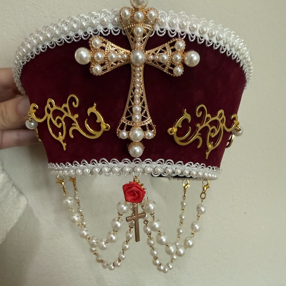 Renaissance Tudor Burgundy and Gold Crown with Pearl Accents
